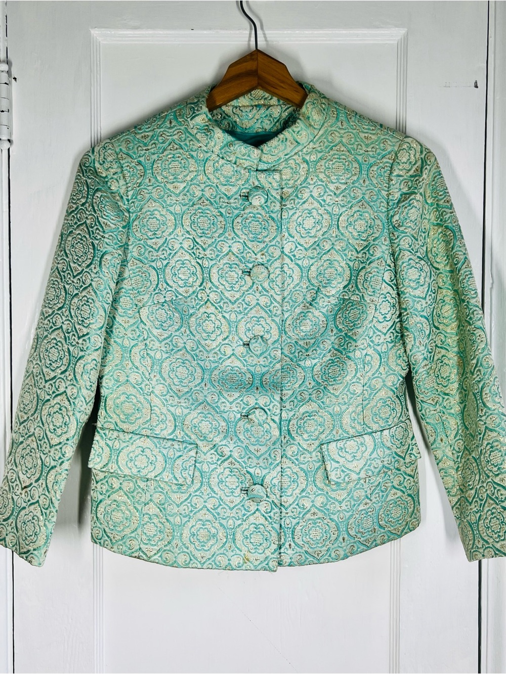 Vintage 1960s Brocade Cropped Jacket Turquoise Blue, Cream and Gold